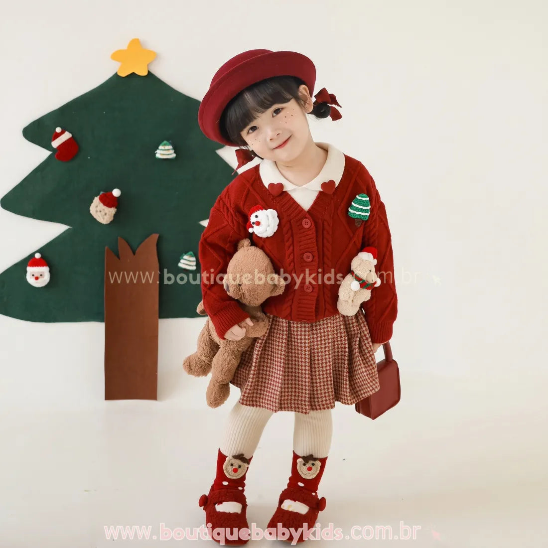 Cardigan Infantil Tricot Natalino Vermelho com Apliques - Boutique Baby Kids