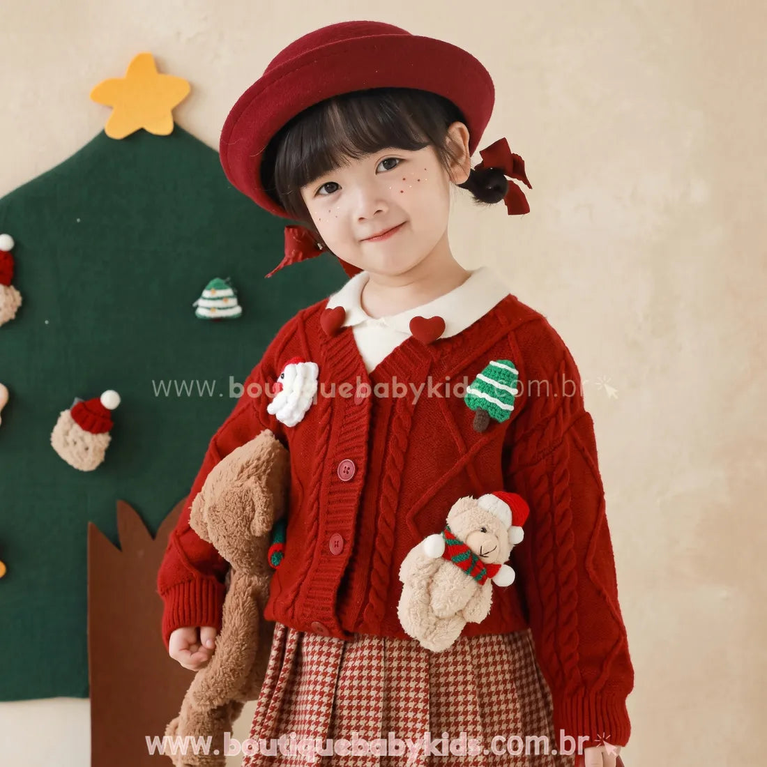 Cardigan Infantil Tricot Natalino Vermelho com Apliques - Boutique Baby Kids