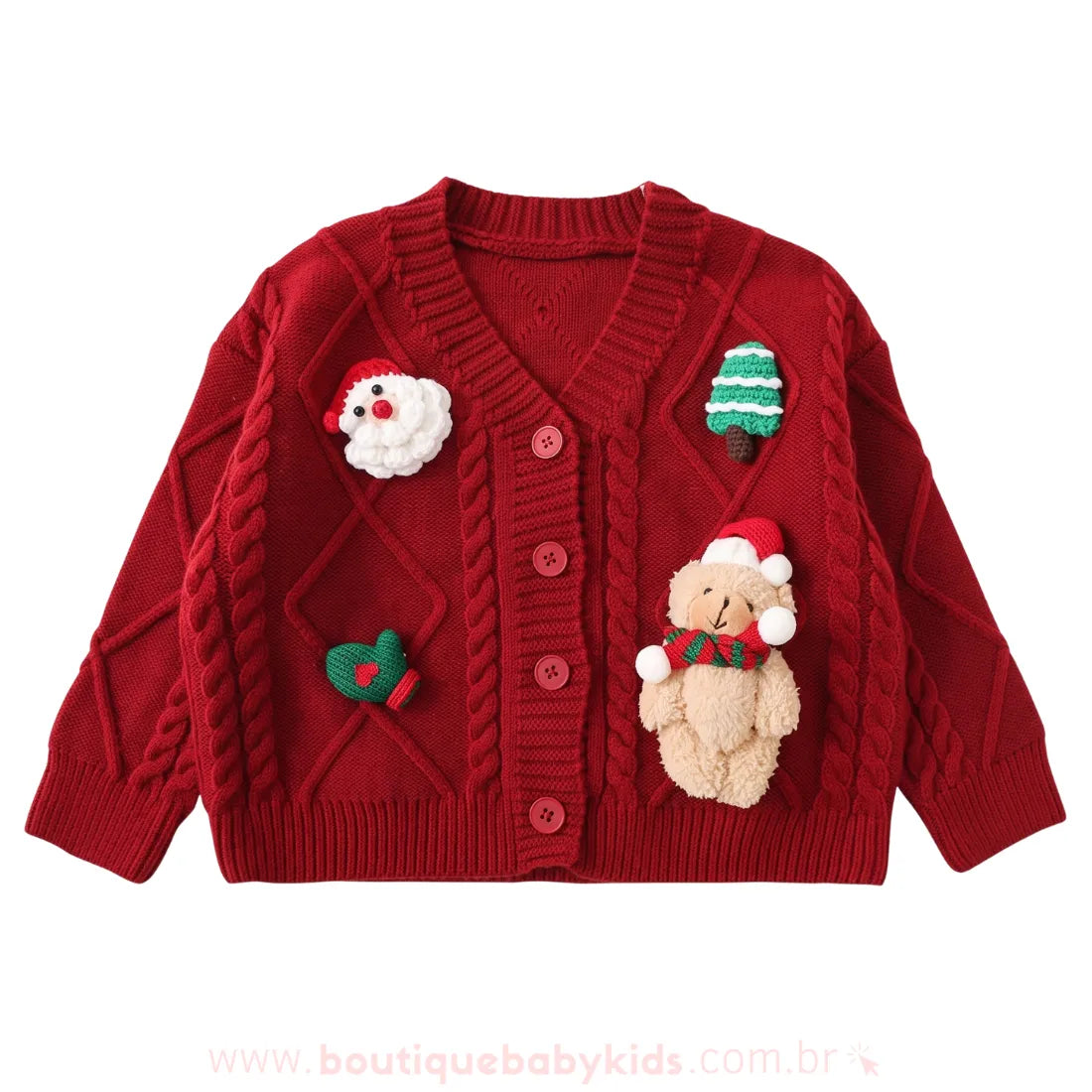 Cardigan Infantil Tricot Natalino Vermelho com Apliques - Boutique Baby Kids