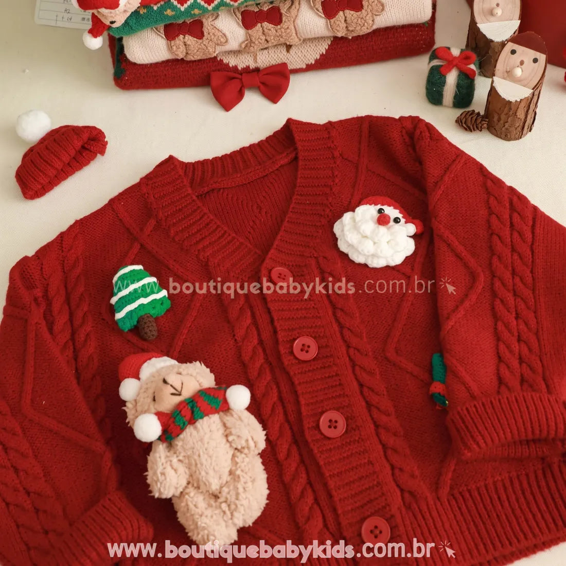 Cardigan Infantil Tricot Natalino Vermelho com Apliques - Boutique Baby Kids