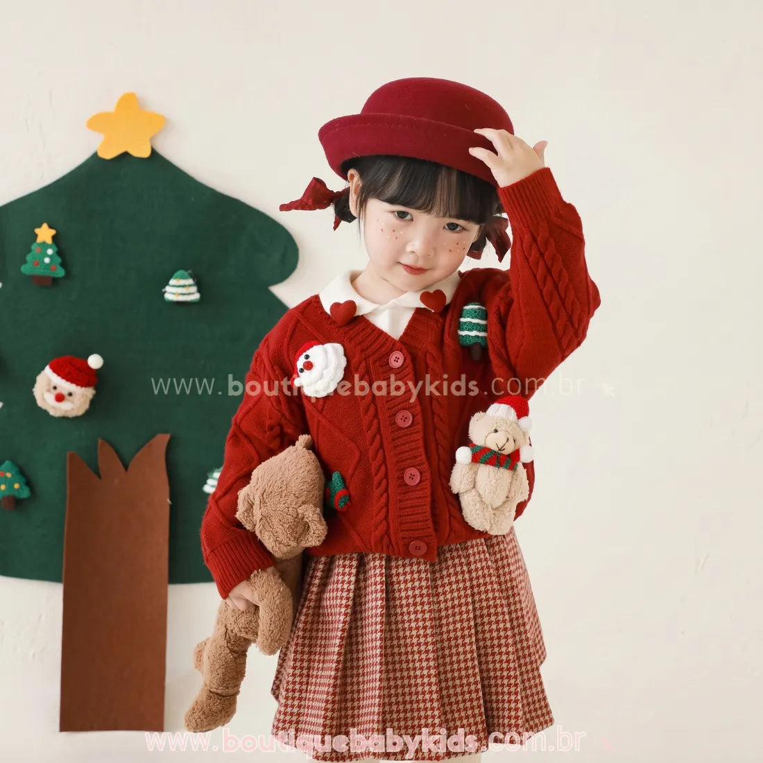 Cardigan Infantil Tricot Natalino Vermelho com Apliques - Boutique Baby Kids