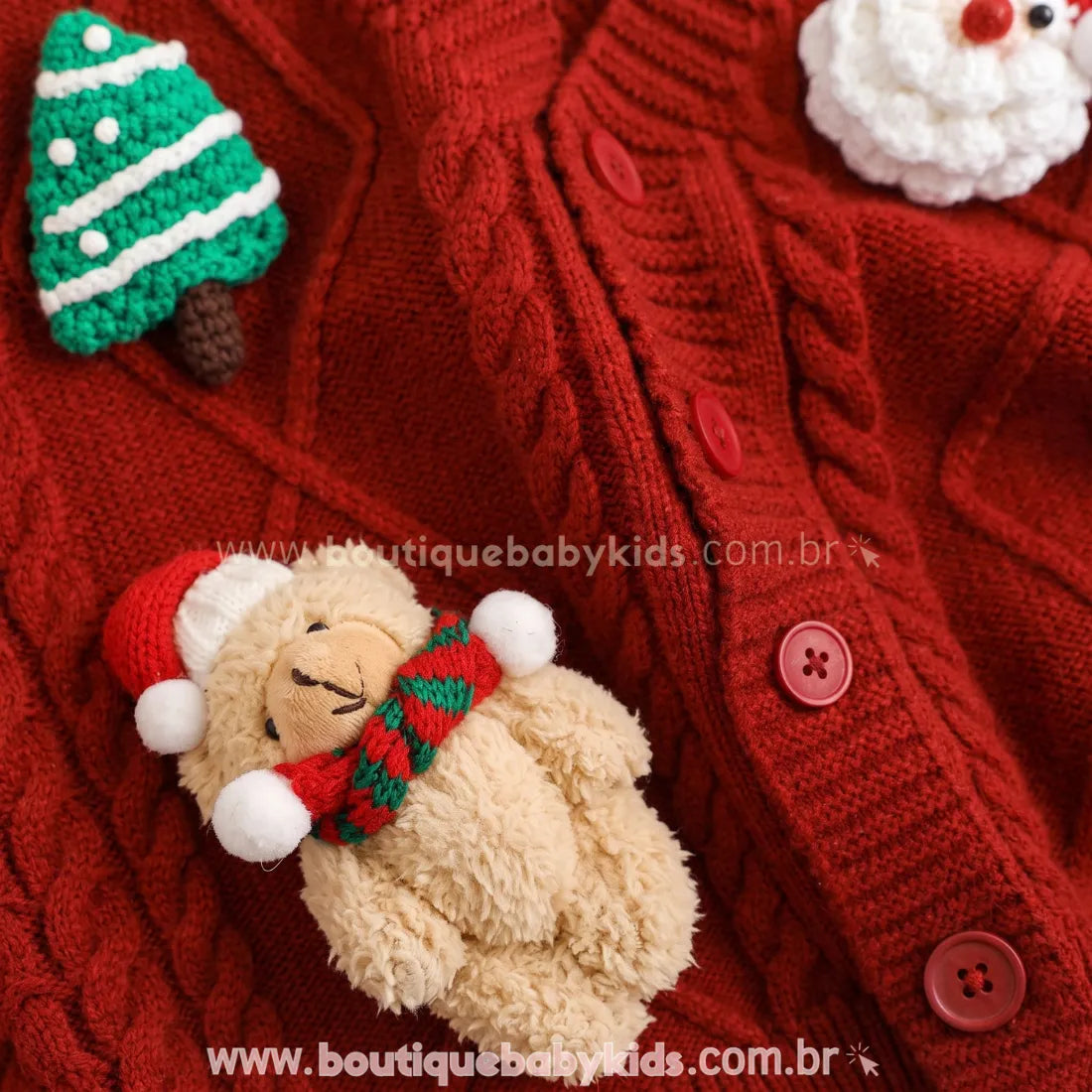 Cardigan Infantil Tricot Natalino Vermelho com Apliques - Boutique Baby Kids