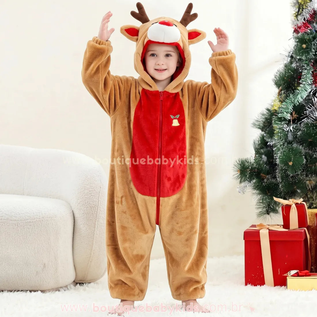 Macacão Infantil Temático Rena do Natal com Capuz 3D - Boutique Baby Kids