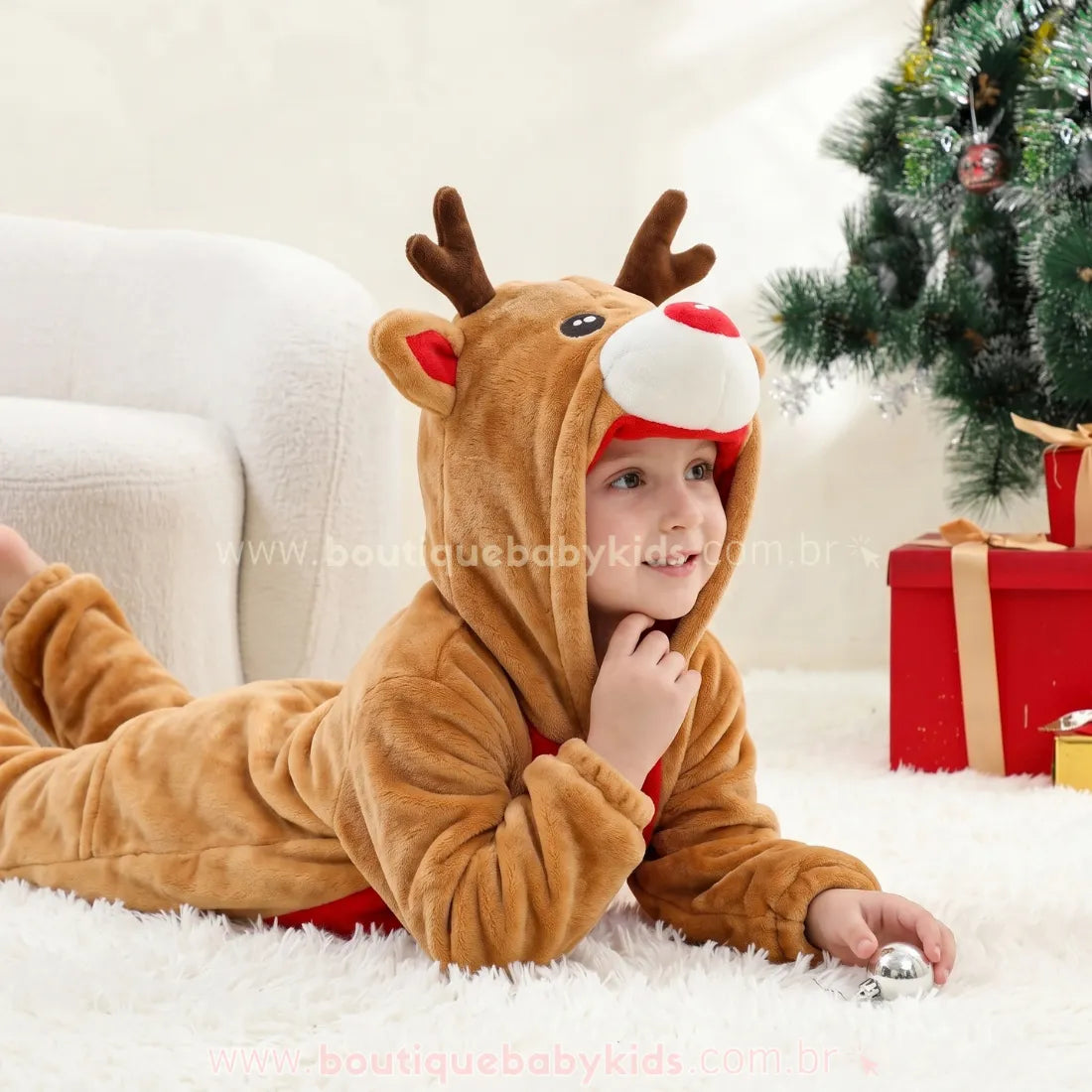Macacão Infantil Temático Rena do Natal com Capuz 3D - Boutique Baby Kids