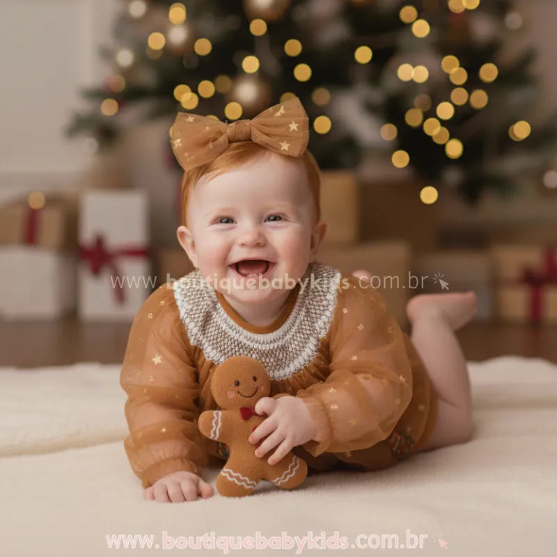Body Bebê Tule Biscoitinho de Gengibre Brilho de Natal Marrom - Boutique Baby Kids