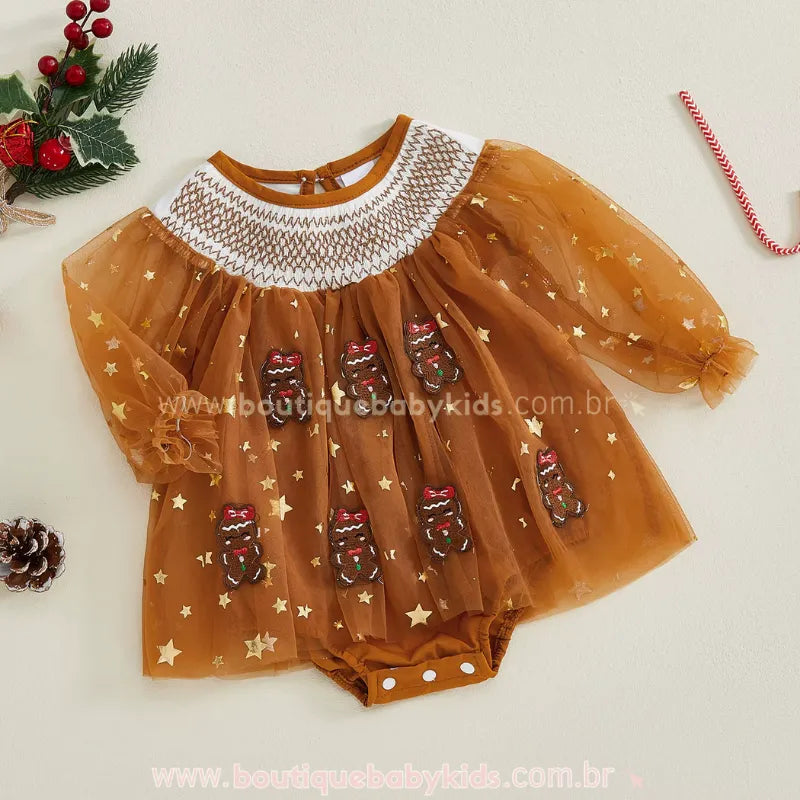 Body Bebê Tule Biscoitinho de Gengibre Brilho de Natal Marrom - Boutique Baby Kids