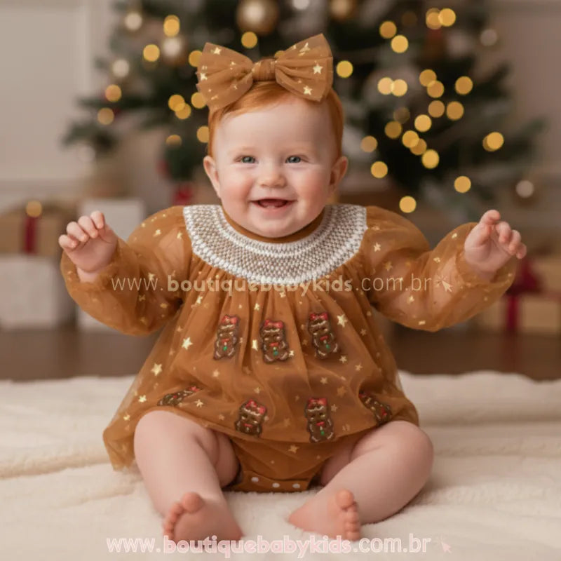 Body Bebê Tule Biscoitinho de Gengibre Brilho de Natal Marrom - Boutique Baby Kids