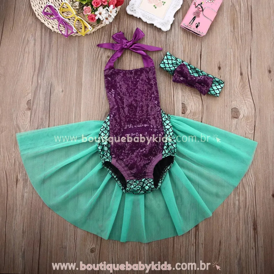 Body Bebê Fantasia Pequena Sereia com Paetês e Tule com Faixa Roxo - Boutique Baby Kids