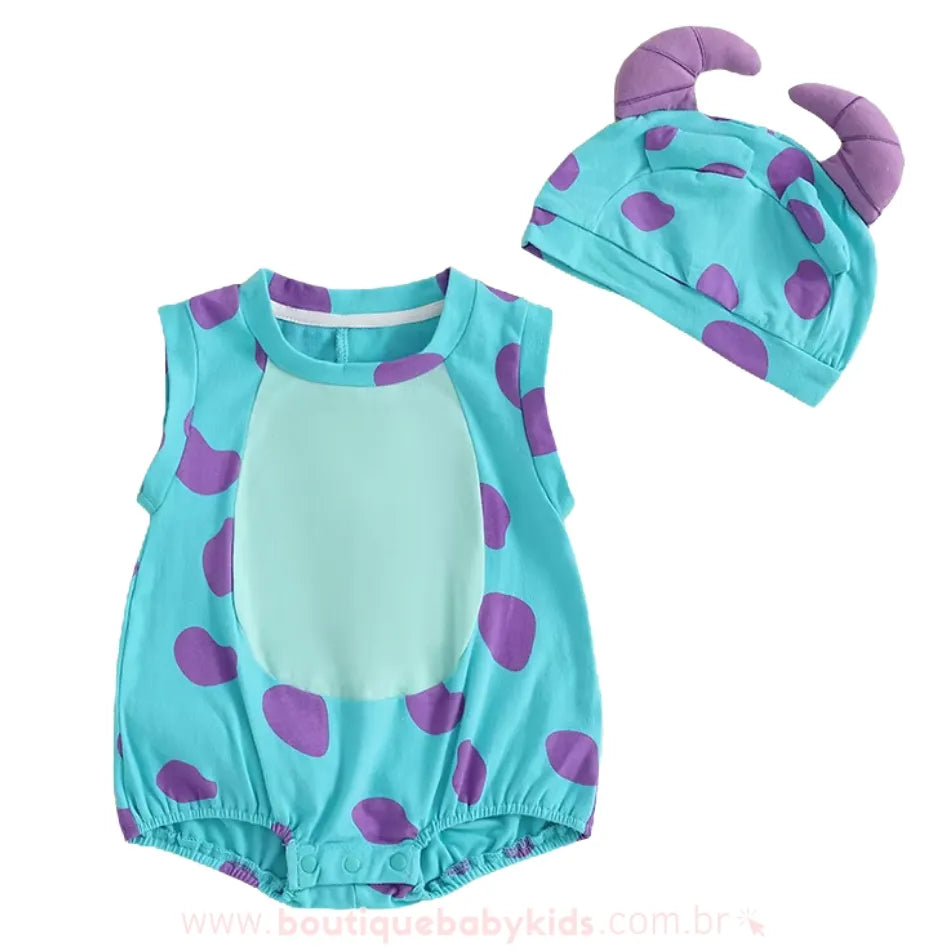 Body Bebê Fantasia Sulley Sullivan Monstros S.A com Touca - Boutique Baby Kids