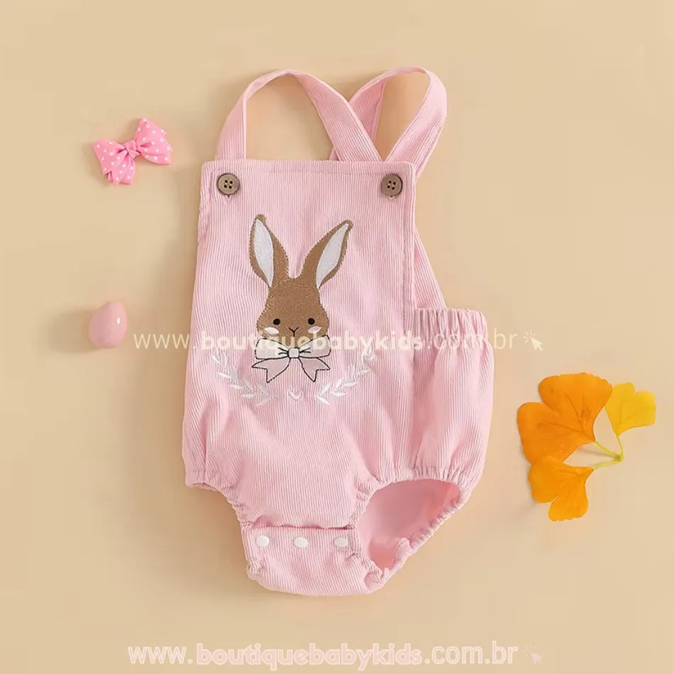 Body Bebê Jardineira Páscoa Coelhinho do Bosque Rosa - Boutique Baby Kids 