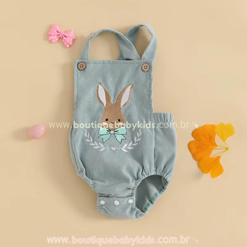 Body Bebê Jardineira Páscoa Coelhinho do Bosque Azul - Boutique Baby Kids 