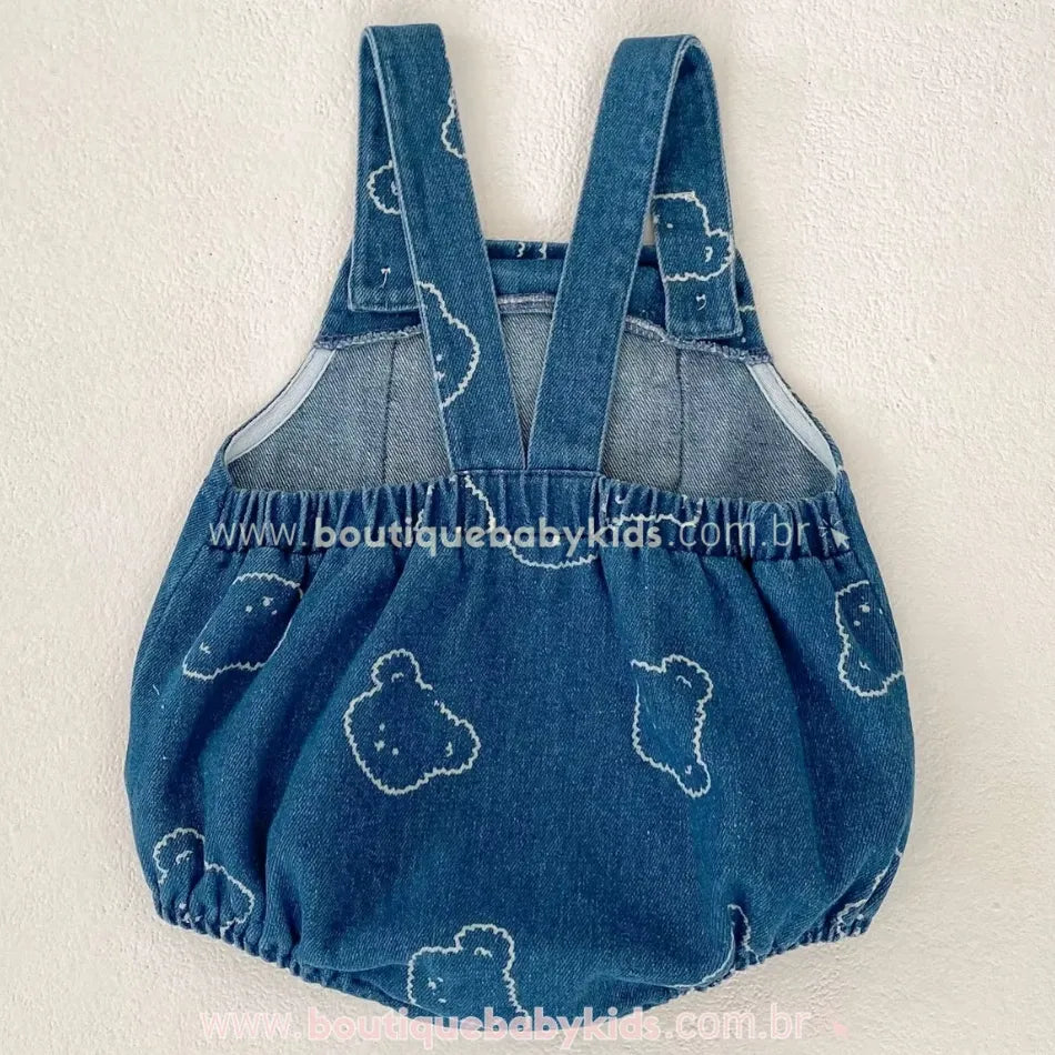 Body Bebê Jardineira Jeans com Ursinhos