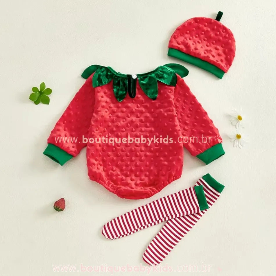 Body Bebê Temático Fantasia Moranguinho com Gorro e Meia - Boutique Baby Kids