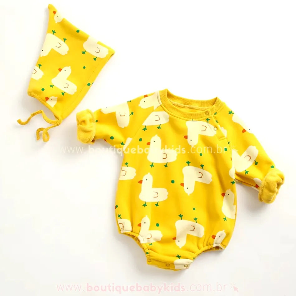 Body Bebê Estampa Patinhos com Gorro Amarelo - Boutique Baby Kids