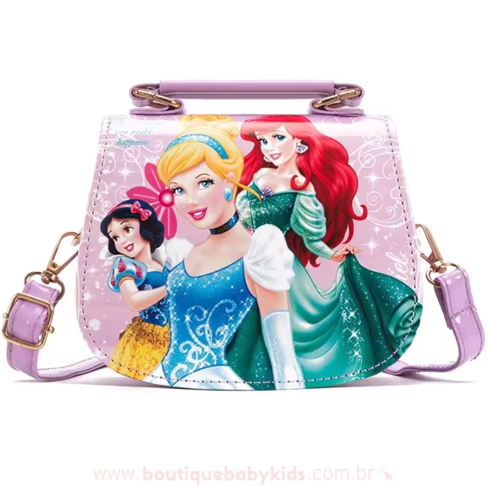 Bolsa infantil lilás das Princesas Disney, com estampa brilhante e detalhes encantadores.