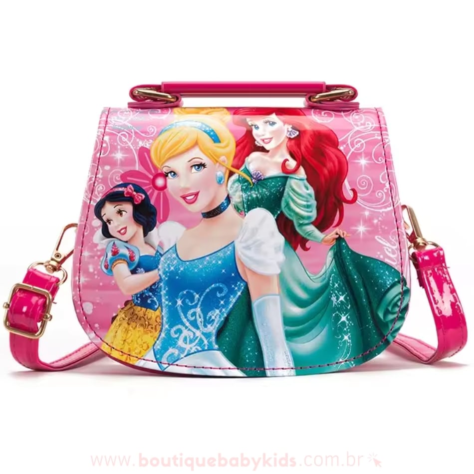 Bolsa infantil das Princesas Disney na cor rosa com alça ajustável e estampa da Cinderela, Ariel e Branca de Neve.