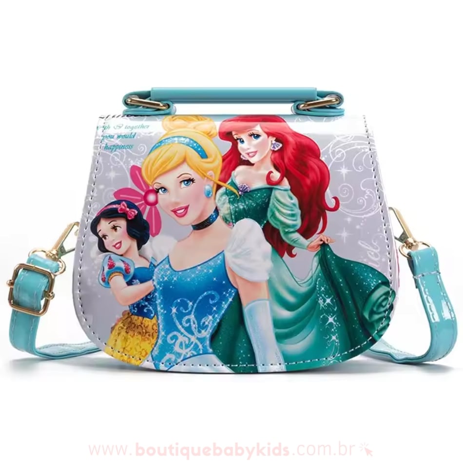 Bolsa infantil verde-água das Princesas Disney, com Cinderela, Ariel e Branca de Neve estampadas, ideal para crianças.