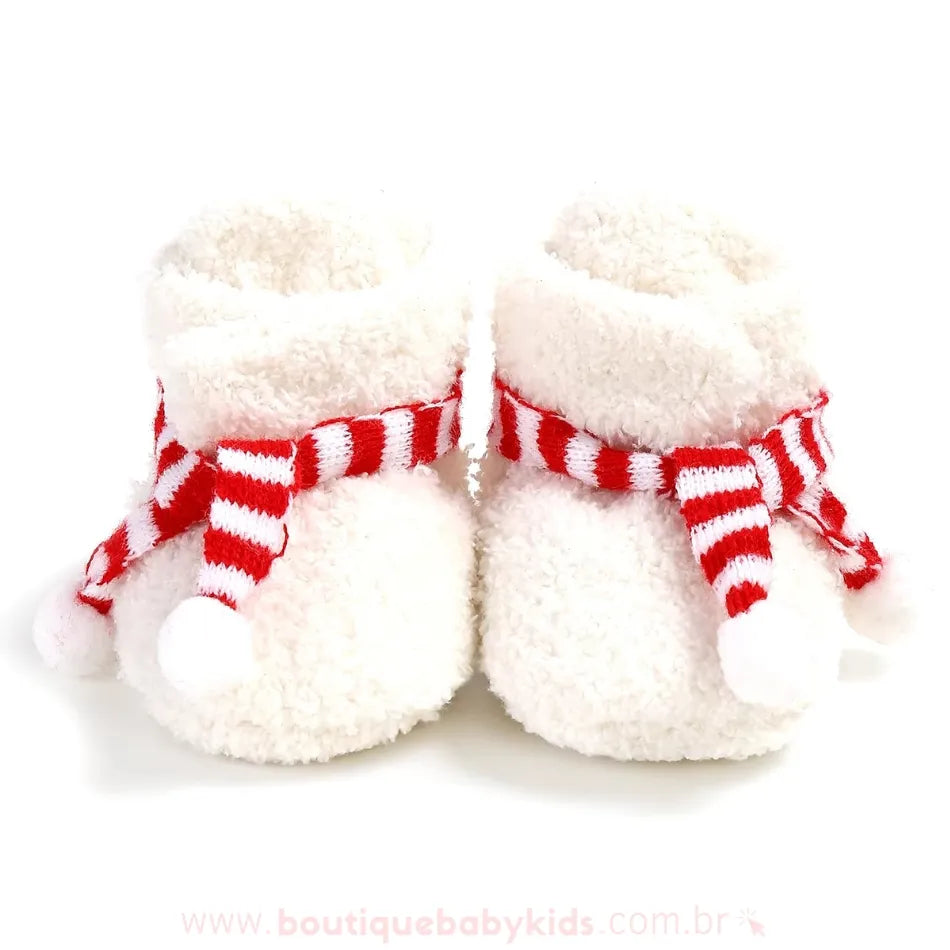 Botinha Bebê Natalina Cachecol com Pompons Branco - Boutique Baby Kids 