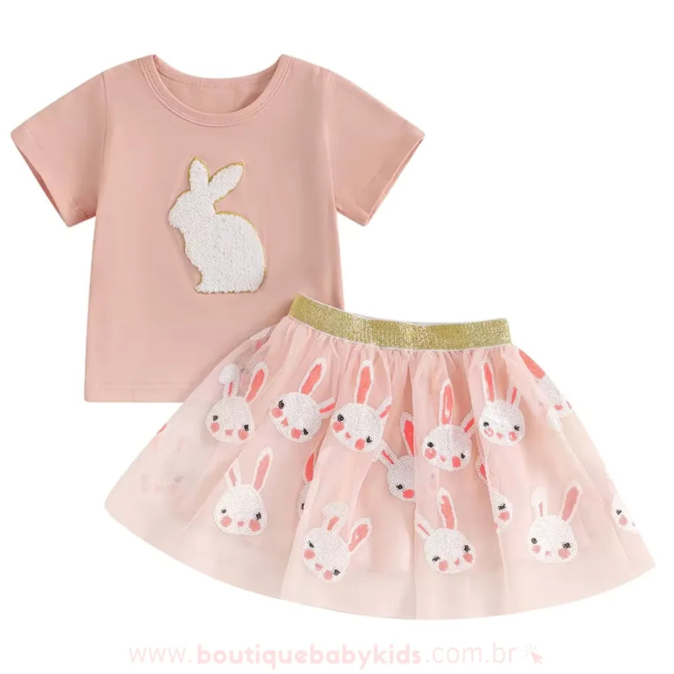 Conjunto Infantil Temático Páscoa Coelhinha Brilhante Rosa - Boutique Baby Kids
