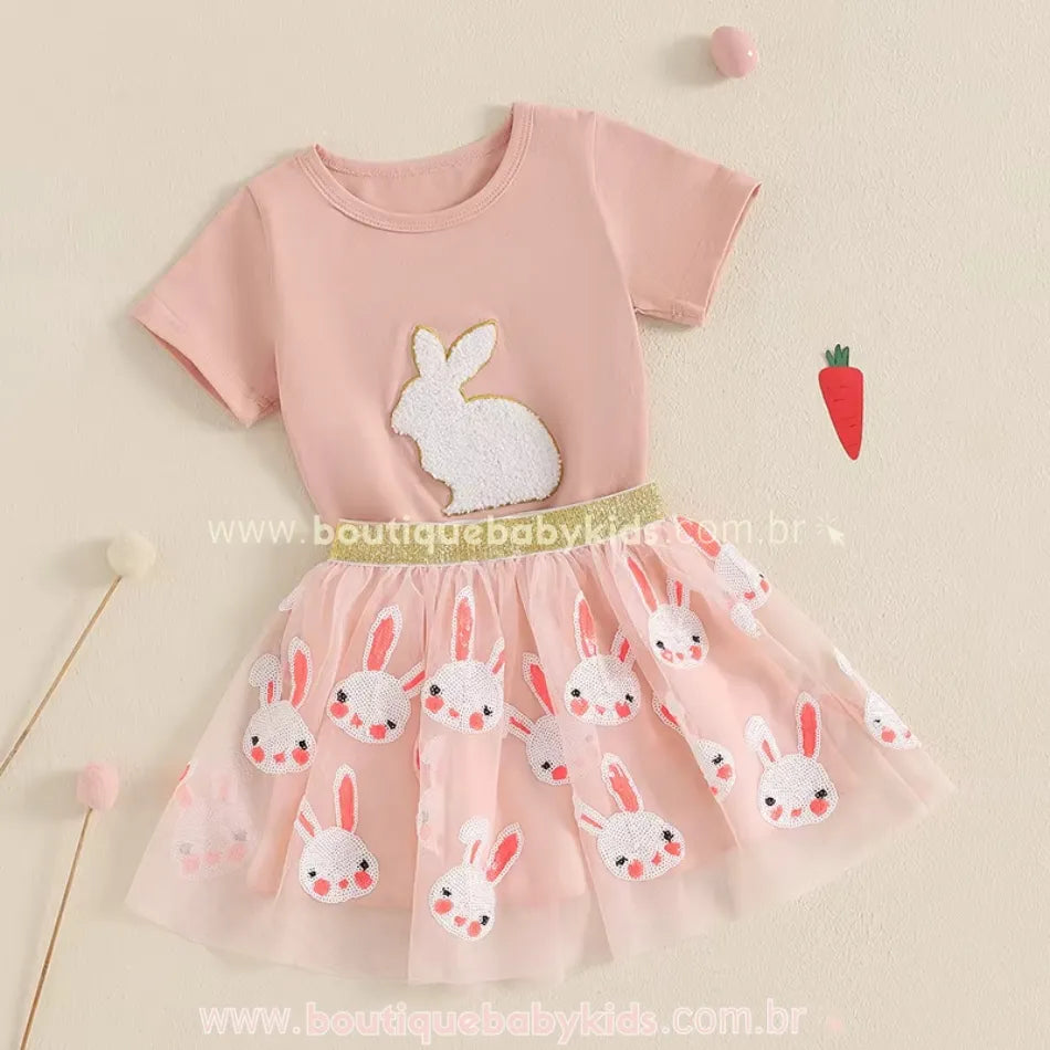 Conjunto Infantil Temático Páscoa Coelhinha Brilhante Rosa - Boutique Baby Kids