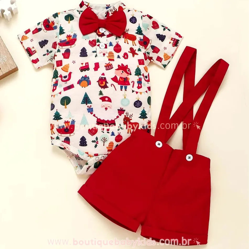 Conjunto Bebê Natal Body e Short com Suspensório Vermelho - Boutique Baby Kids 
