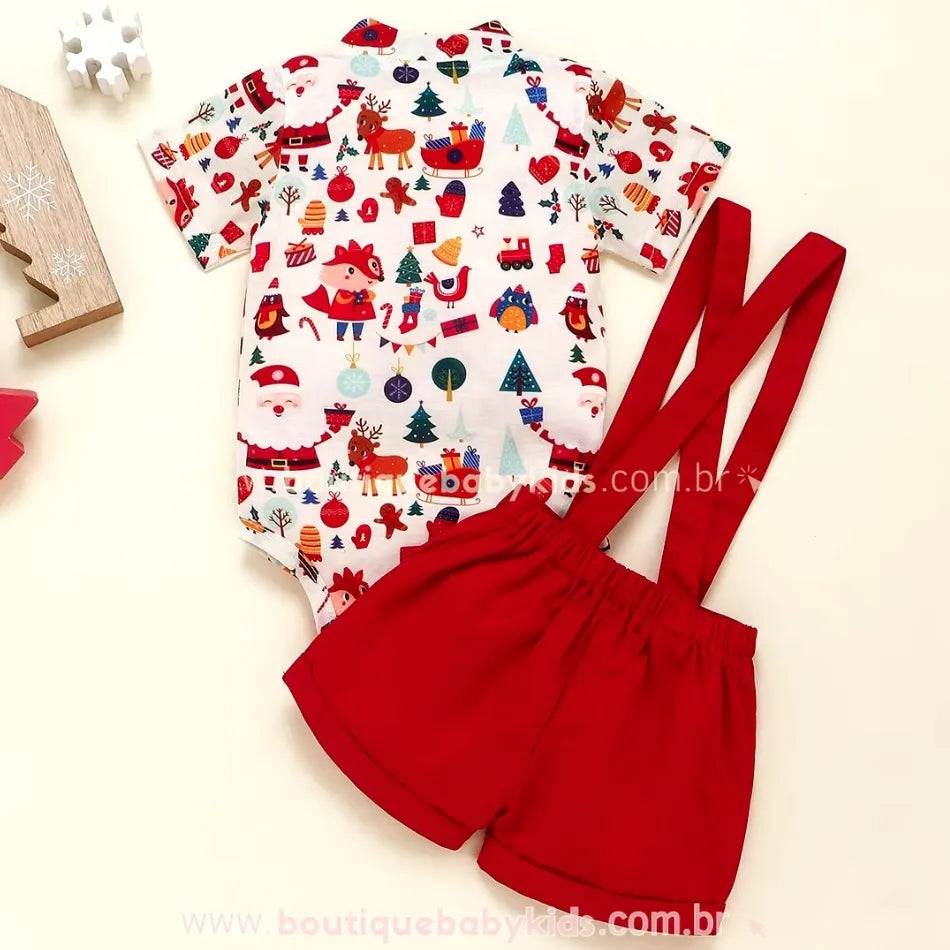 Conjunto Bebê Natal Body e Short com Suspensório