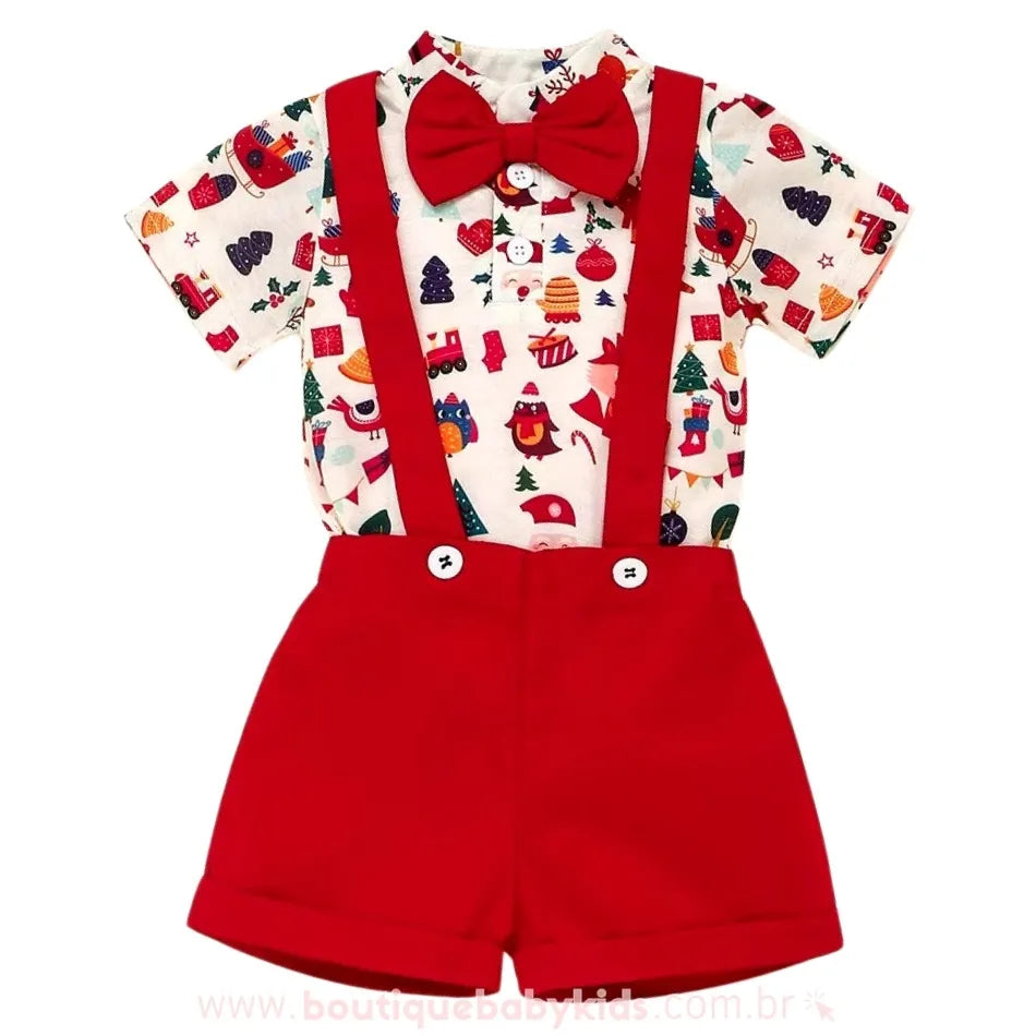 Conjunto Bebê Natal Body e Short com Suspensório Vermelho - Boutique Baby Kids 