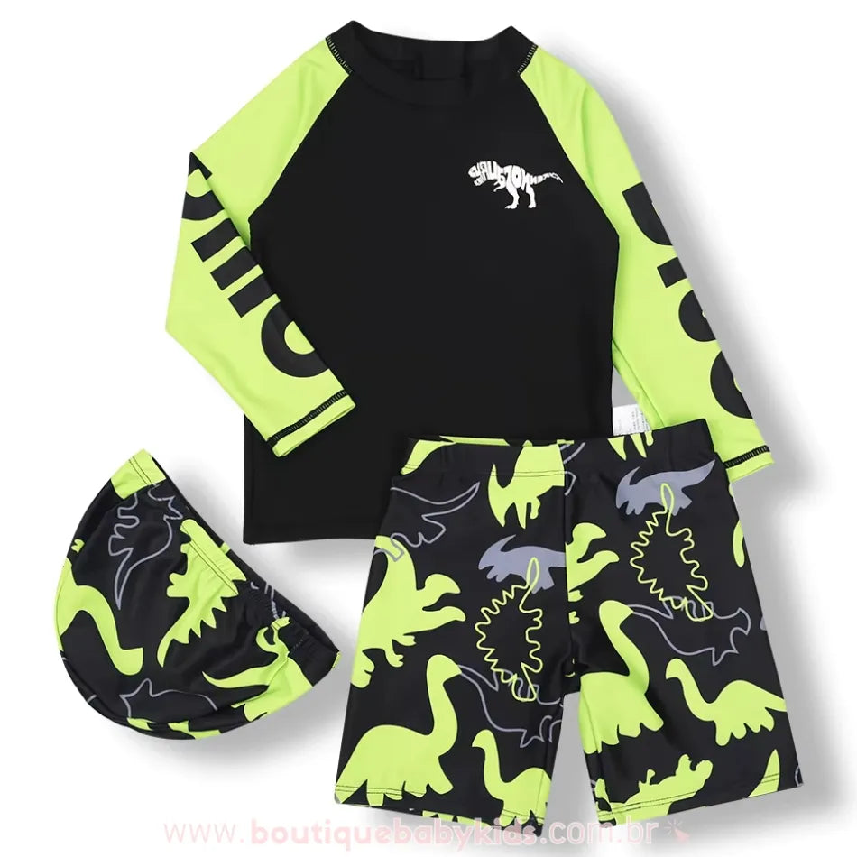 Conjunto de Praia Infantil Dinossauro Neon com Touca - Boutique Baby Kids