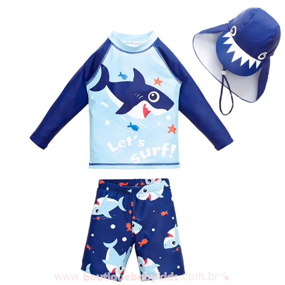 Conjunto de Praia Infantil Tubarão Surfista com Chapéu com Proteção Solar UPF50+ - Boutique Baby Kids