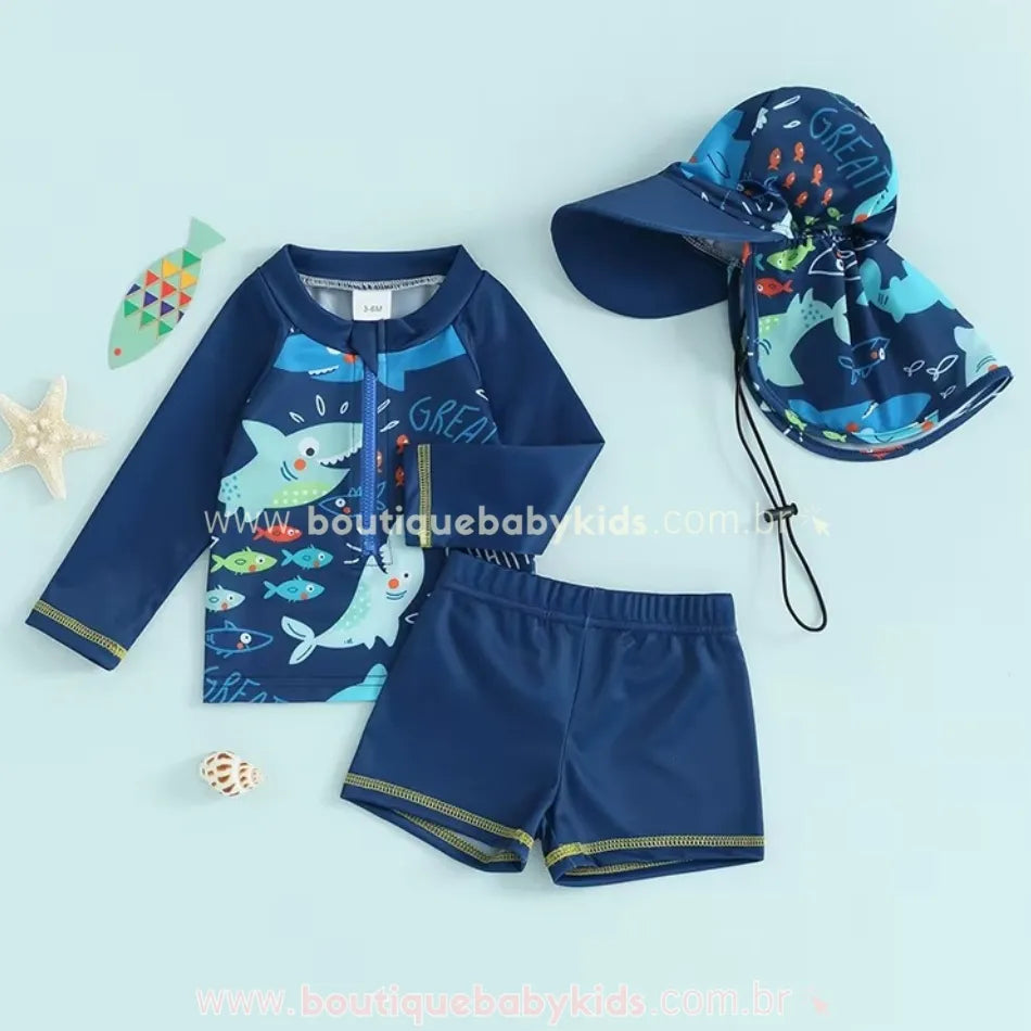 Conjunto de Praia Infantil Tubarão Explorador com Chapéu - Boutique Baby Kids