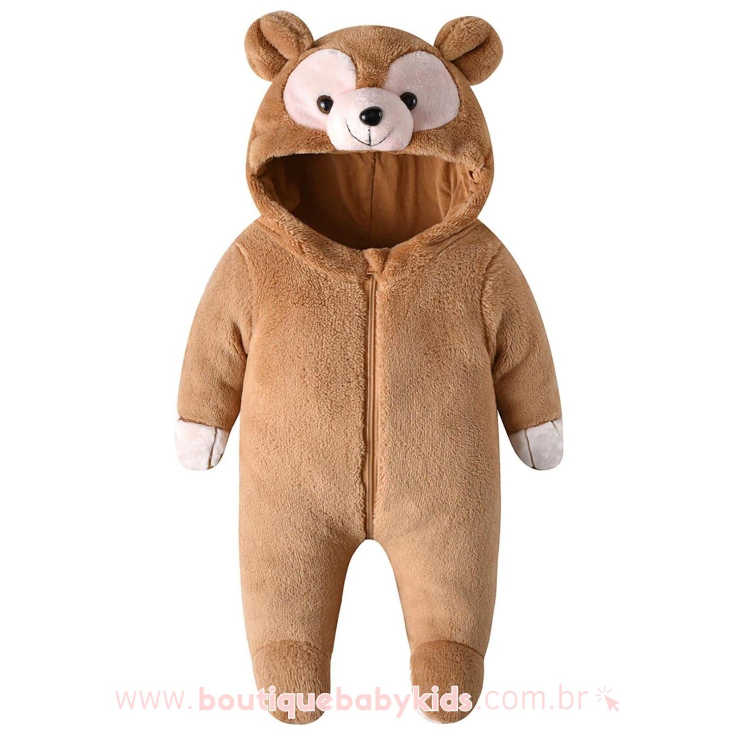 Macacão Bebê Inverno Fantasia Ursinho Bege com Capuz - Boutique Baby Kids