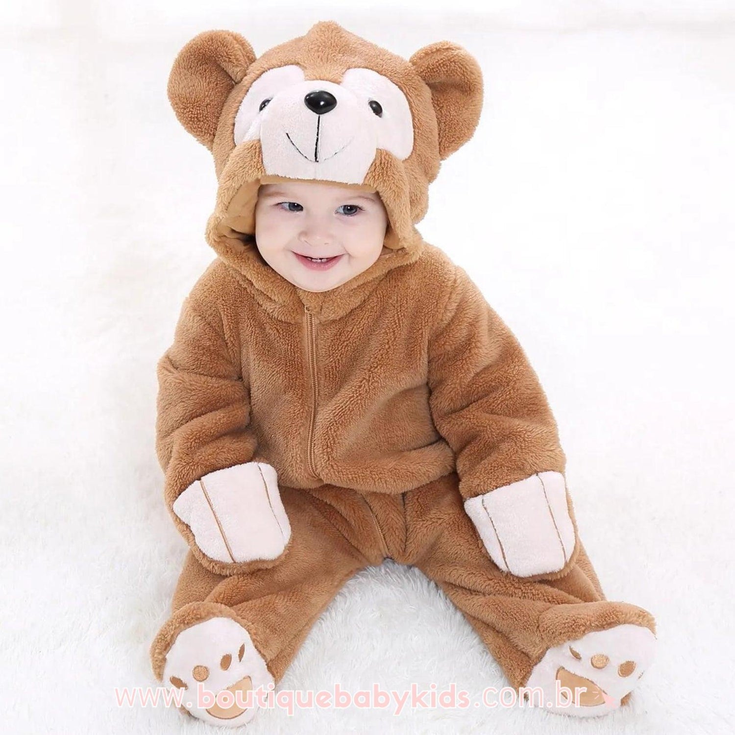 Macacão Bebê Inverno Fantasia Ursinho Bege com Capuz - Boutique Baby Kids