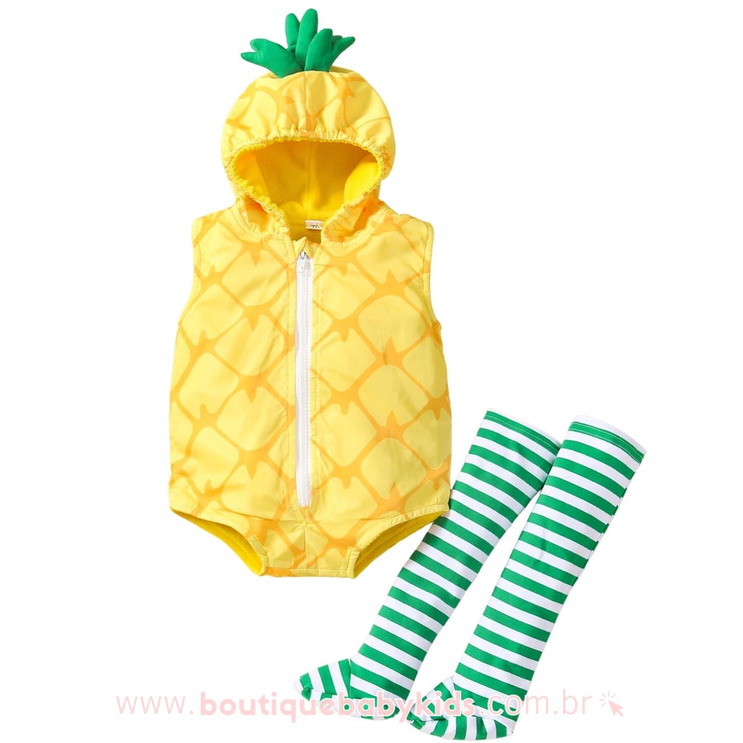 Body Bebê Fantasia Abacaxi com Meia Mesversário - Frete Grátis - Boutique Baby Kids