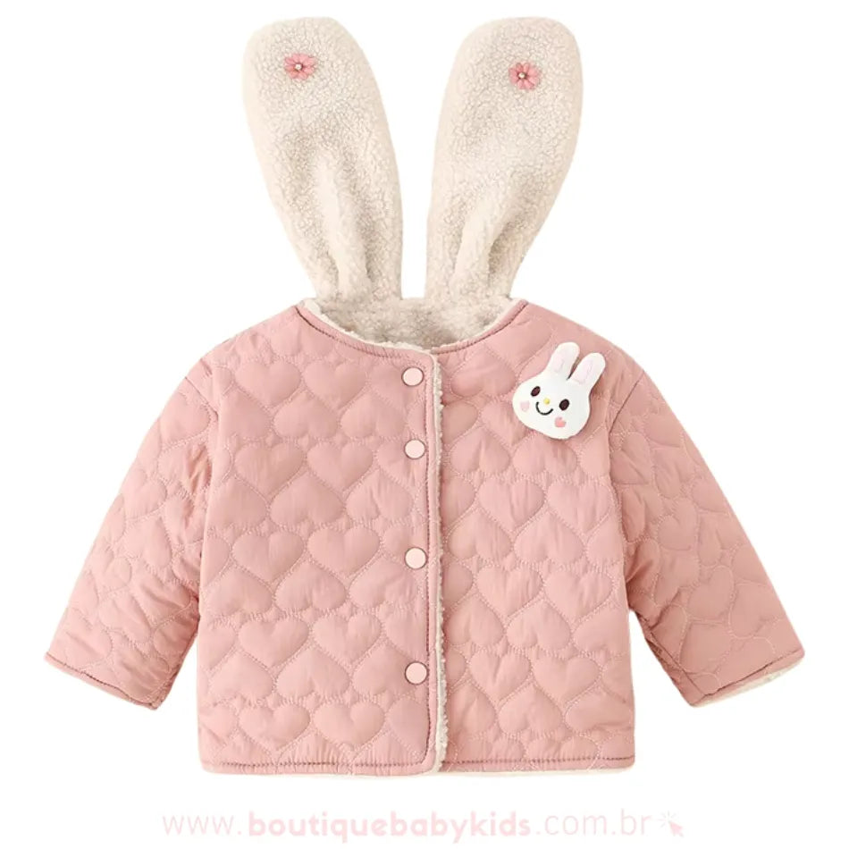 Jaqueta infantil rosa com capuz de orelhas de coelho e aplique bordado – Boutique Baby Kids