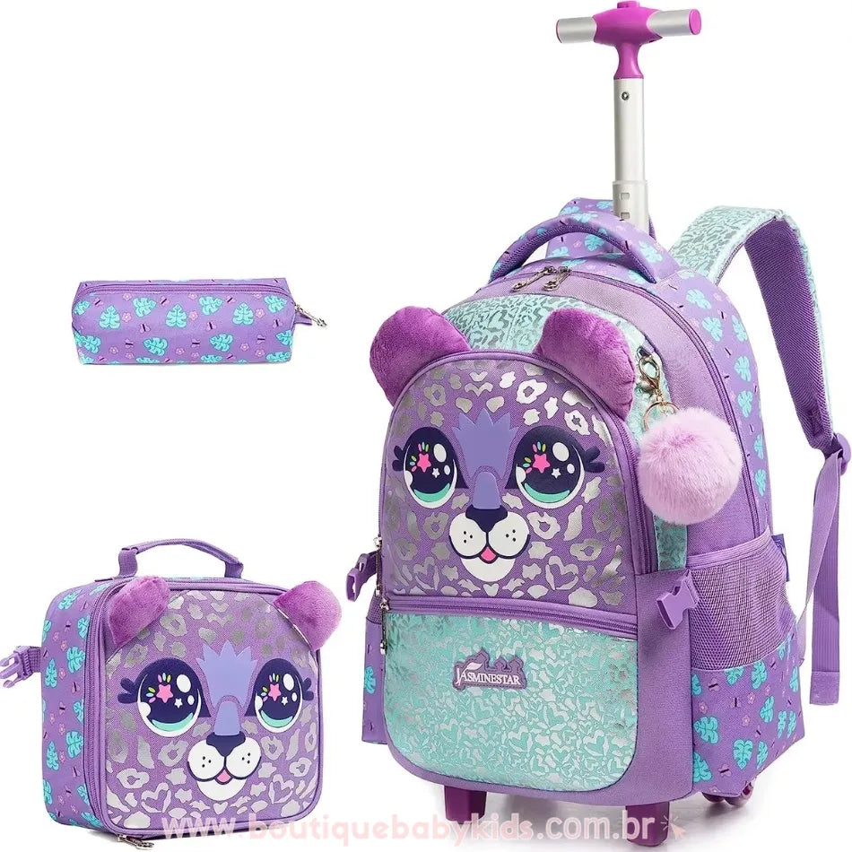 Kit Mochila de Rodinhas com Lancheira e Estojo Felina Lilás - Boutique Baby Kids