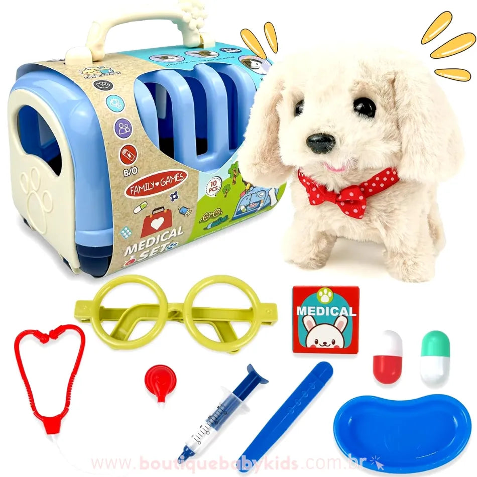 Kit Veterinário Cãozinho com Caixa de Transporte e Acessórios - 10 peças - Boutique Baby Kids