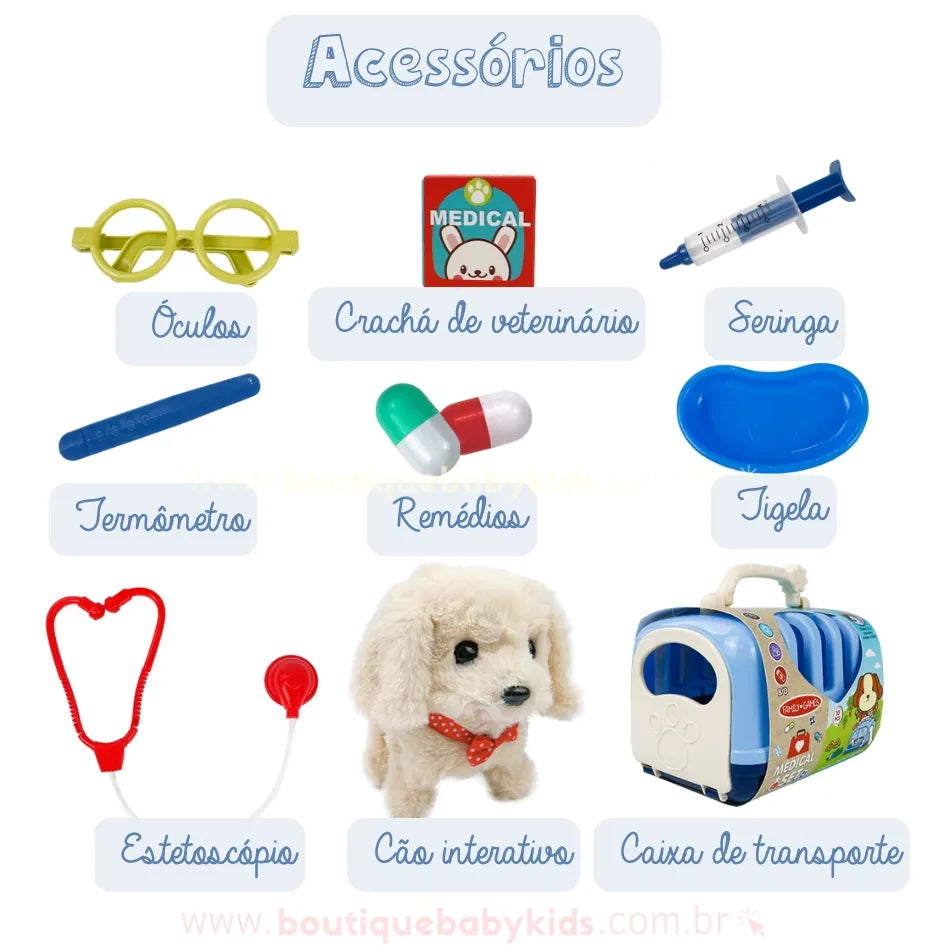 Kit Veterinário Cãozinho com Caixa de Transporte e Acessórios - 10 peças - Boutique Baby Kids