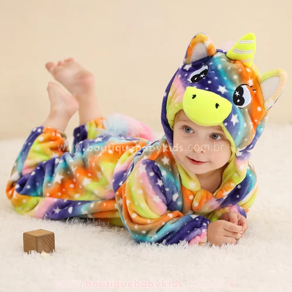 Macacão Bebê Fantasia  Bichinho Unicórnio Colorido - Boutique Baby Kids