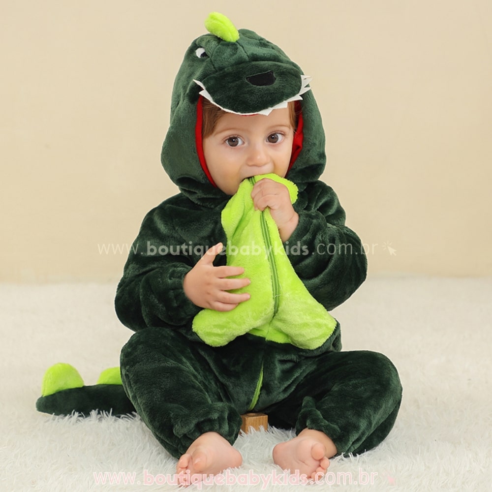 Macacão Bebê Fantasia Bichinho Dinossauro Verde Escuro - Boutique Baby Kids 