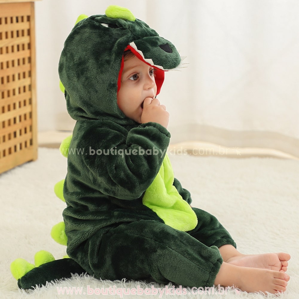 Macacão Bebê Fantasia Bichinho Dinossauro Verde Escuro - Boutique Baby Kids 
