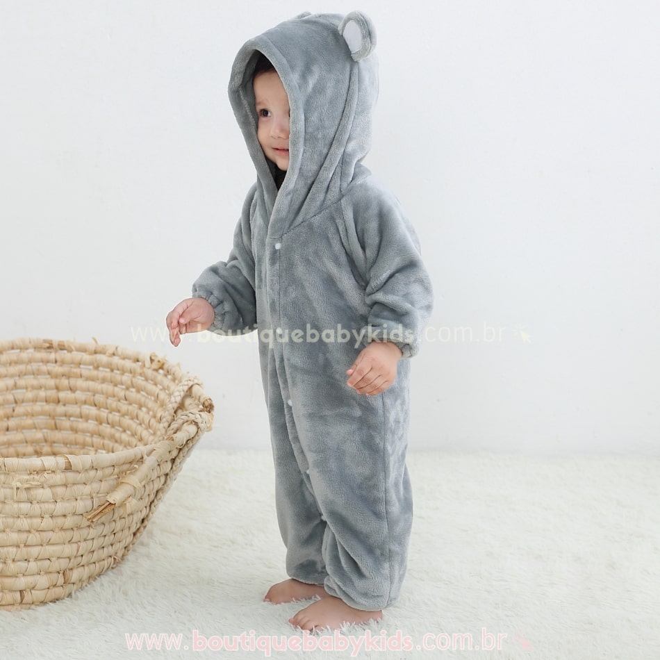 Macacão Bebê Ursinho Pelúcia com Capuz Cinza - Boutique Baby Kids 