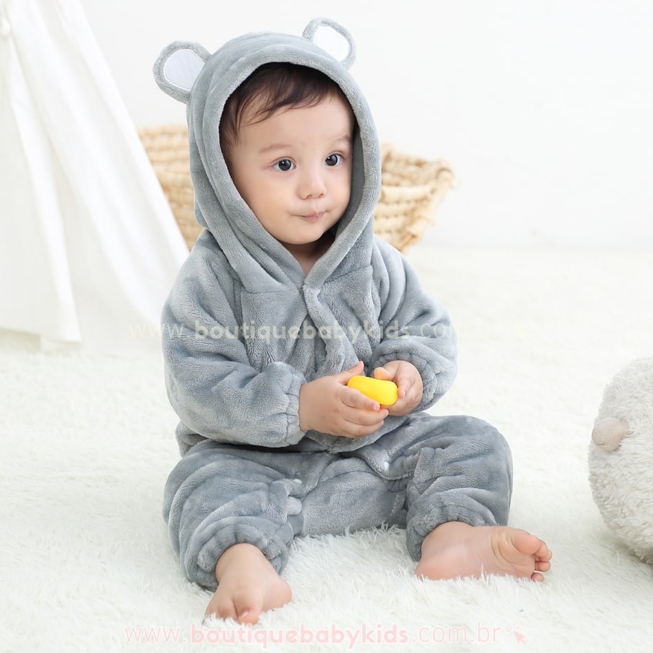 Macacão Bebê Ursinho Pelúcia com Capuz Cinza - Boutique Baby Kids 