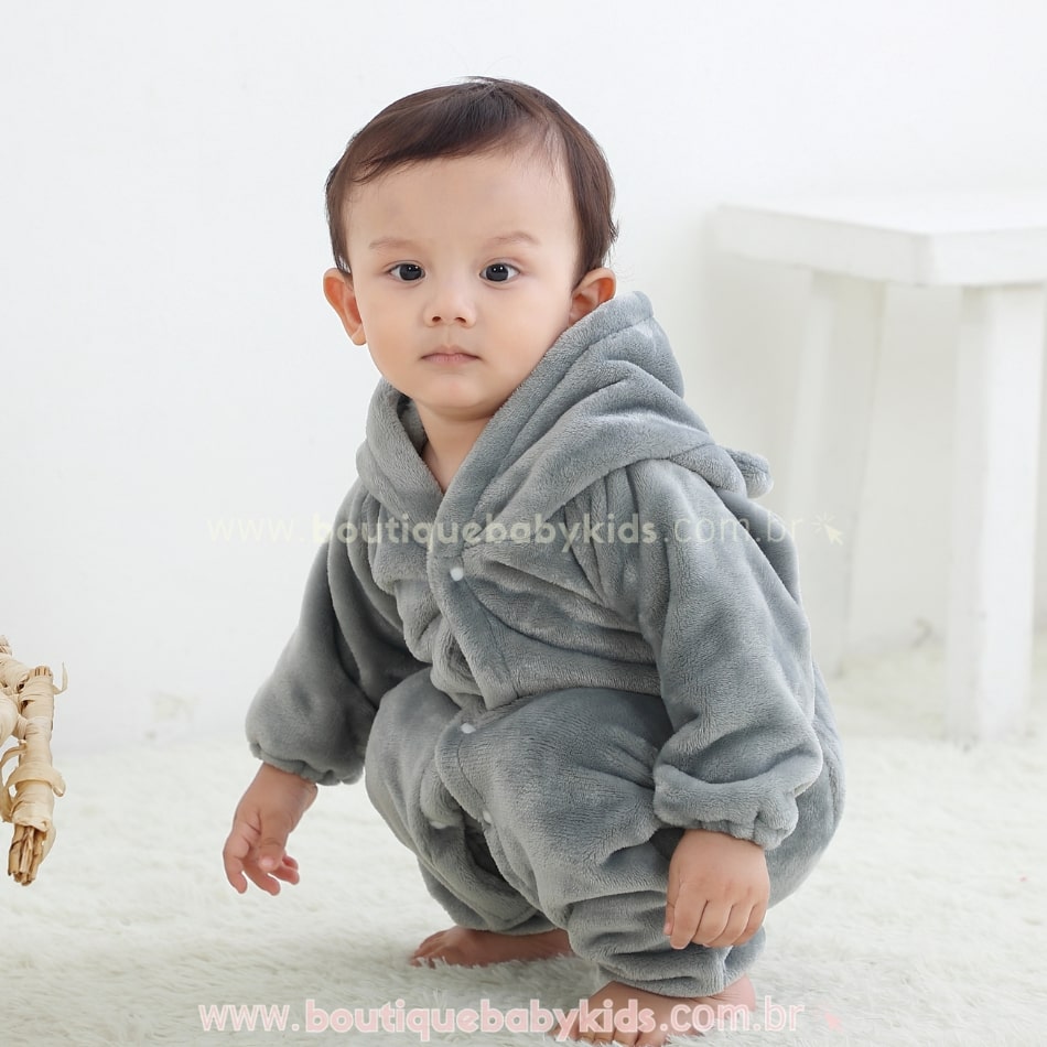 Macacão Bebê Ursinho Pelúcia com Capuz Cinza - Boutique Baby Kids 