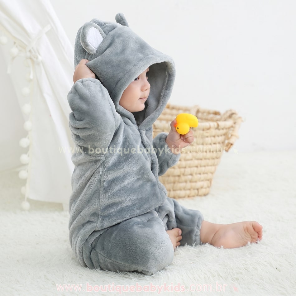 Macacão Bebê Ursinho Pelúcia com Capuz Cinza - Boutique Baby Kids 