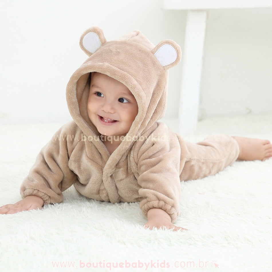 Macacão Bebê Ursinho Pelúcia com Capuz Marrom - Boutique Baby Kids 