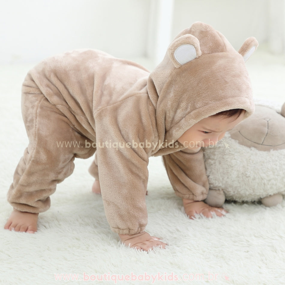 Macacão Bebê Ursinho Pelúcia com Capuz Marrom - Boutique Baby Kids 