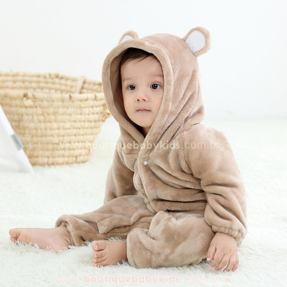 Macacão Bebê Ursinho Pelúcia com Capuz Marrom - Boutique Baby Kids 