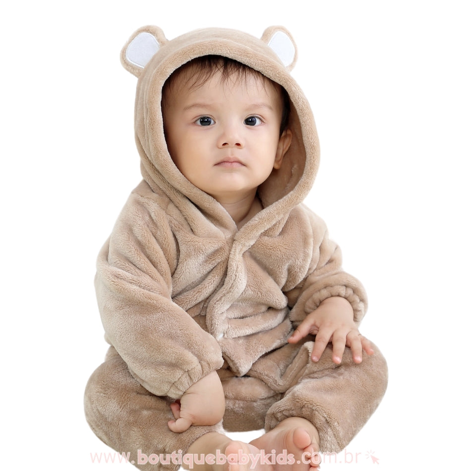Macacão Bebê Ursinho Pelúcia com Capuz Marrom - Boutique Baby Kids 