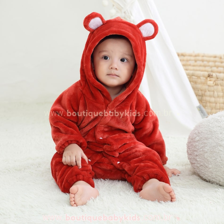 Macacão Bebê Ursinho Pelúcia com Capuz Vermelho - Boutique Baby Kids 