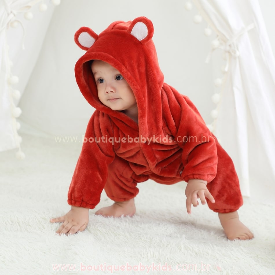 Macacão Bebê Ursinho Pelúcia com Capuz Vermelho - Boutique Baby Kids 
